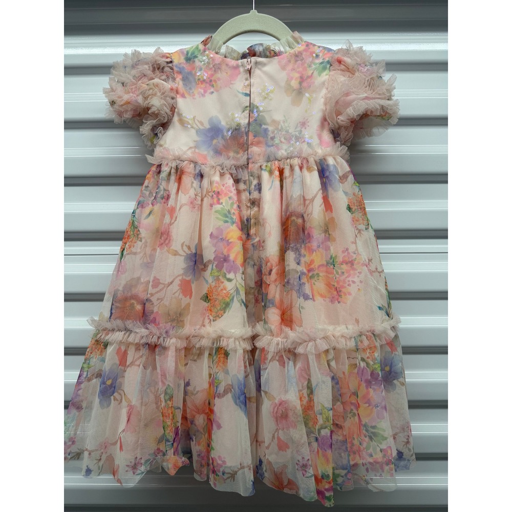 Needle & Thread Girls Floral Tulle Sequin Tiered Dress Pastel Pink Ruffle Sleeve